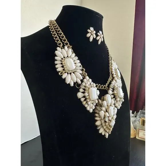 Stunning White Statement Necklace and Earring Set - Rhinestone & Acrylic Design - Picture 7 of 7
